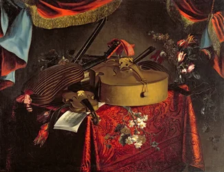 Stillleben mit Musikinstrumenten und Blumen auf einem Tisch